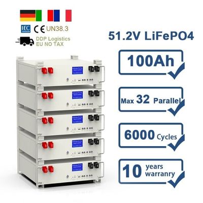 10年保証 51.2V 5Kwh リチャージ可能なリチウムイオンパック 100Ah LiFePO4 バッテリー
